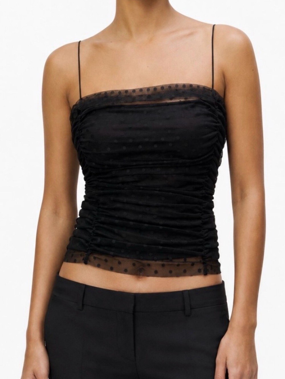 Reformation Amber Layered Top - Black Polka-Dot Mesh Ruched
